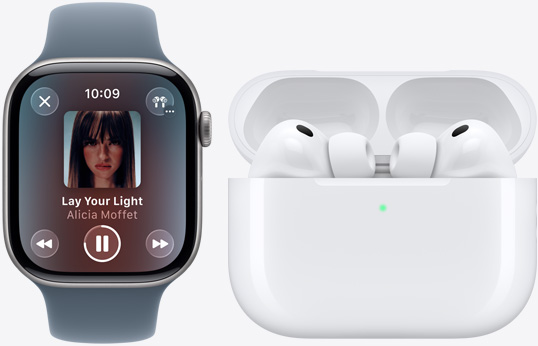 Apple Watch Series 11, app Apple Music, en cours de lecture, AirPods Pro 3, blancs, écouteurs, embouts en silicone, microphone, étui de recharge MagSafe, ouvert, coins arrondis