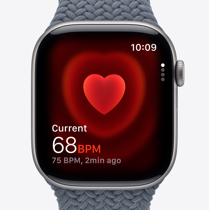 Apple Watch Series 11, aluminum case, Space Gray colour, Heart Rate app, current beats per minute
