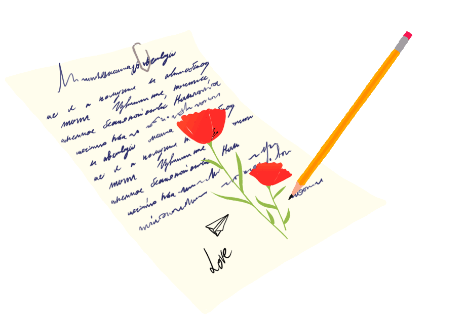 Kuvaan lipuu käsin kirjoitettuja ja piirroksin kuvitettuja kirjeitä.