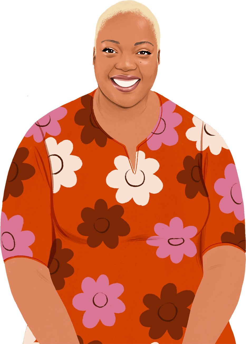 Illustrated portrait of Nafisah smiling, looking at the reader; an illustrated iPad enters the frame, displaying an image of a heart symbol.