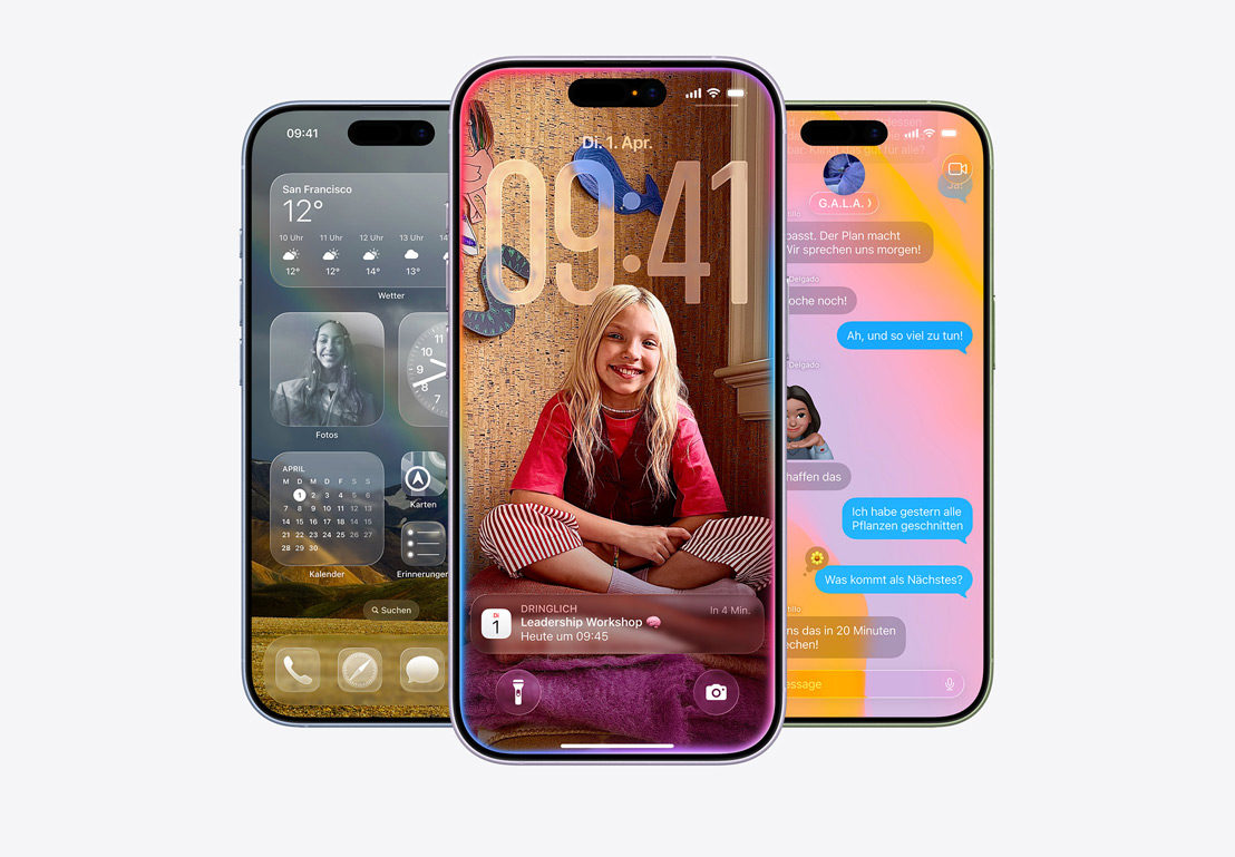 Nebeneinander angeordnete iPhone Displays, die Nachrichten, Widgets und eine Mitteilung anzeigen