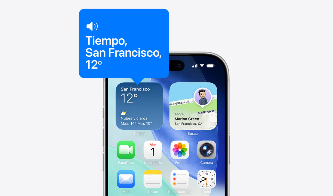Pantalla de inicio de un iPhone, icono del widget Tiempo, VoiceOver leyendo en voz alta