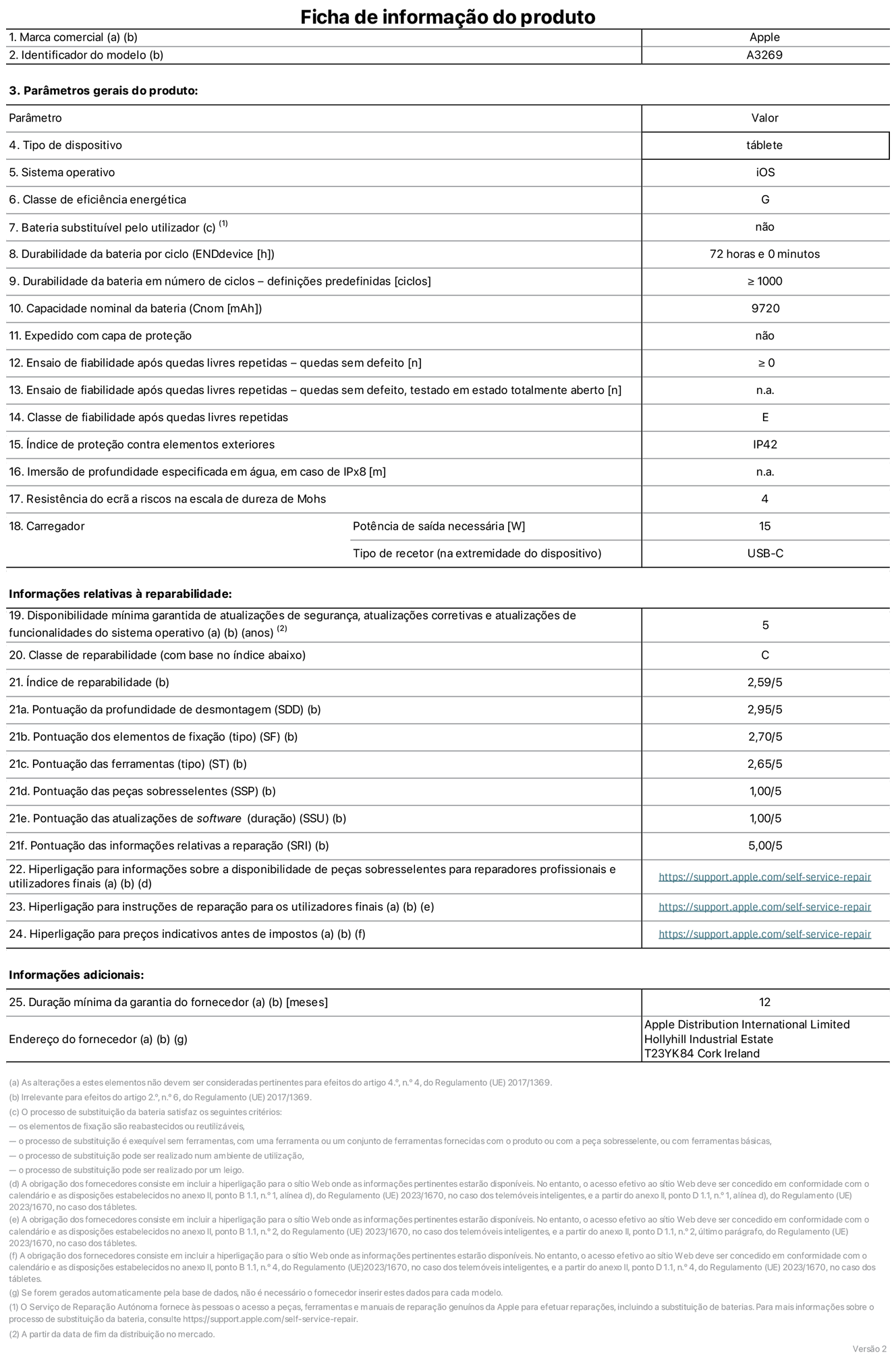 Folha de informações do produto para o iPad Air de 13 polegadas Wi-Fi + Cellular. Modelo A3269. Fornecido pela Apple UK Ltd, 100 New Bridge Street, Londres EC4V 6JA. Tipo de dispositivo: tablet. Sistema operativo: iOS. Classe de eficiência energética para a gama dinâmica padrão: G. Autonomia da bateria de 72 horas. Autonomia da bateria em ciclos: ≥ 1000. Capacidade nominal da bateria: 9720 mAh. Teste de fiabilidade após quedas livres repetidas - quedas sem defeito: ≥ 0. Classe de fiabilidade após quedas livres repetidas: E. Proteção contra elementos exteriores: IP42. Resistência do ecrã a riscos na escala de dureza de Mohs: 4. Potência de saída necessária do carregador de 15 W. Tipo de recetor do carregador: USB-C. Disponibilidade mínima garantida de atualizações de segurança, atualizações corretivas e atualizações de funcionalidades do sistema operativo: 5 anos. Classe de reparabilidade: C. Índice de reparabilidade: 2,59/5. Pontuação da profundidade de desmontagem: 2,95/5. Pontuação dos elementos de fixação (tipo): 2,70/5. Pontuação das ferramentas: 2,65/5. Pontuação das peças sobresselentes: 1,00/5. Pontuação das atualizações de software: 1,00/5. Pontuação das informações relativas a reparação: 5,00/5. Hiperligação para informações sobre a disponibilidade de peças sobresselentes para reparadores profissionais e utilizadores finais: https://support.apple.com/self-service-repair. Hiperligação para instruções de reparação para utilizadores finais: https://support.apple.com/self-service-repair. Hiperligação para preços indicativos antes de impostos: https://support.apple.com/self-service-repair. Oferta de garantia geral de 12 meses.