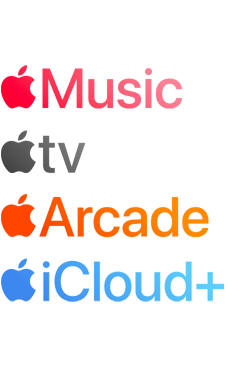 Logoer for Apples abonnementsbaserede tjenester, herunder Apple Music, Apple TV+, Apple Arcade og iCloud+