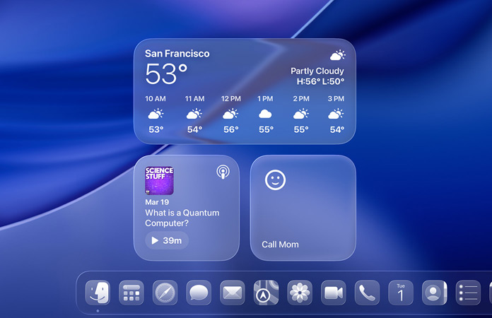 Liquid Glass Widgets für Wetter, Podcasts und Erinnerungen auf einem macOS Tahoe Bildschirm