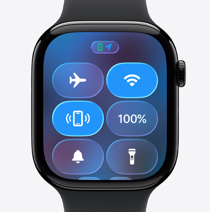 光沢のあるジェットブラックアルミニウムケースのApple Watch Series 11。コントロールセンター、iPhone呼び出しアイコンが表示されている