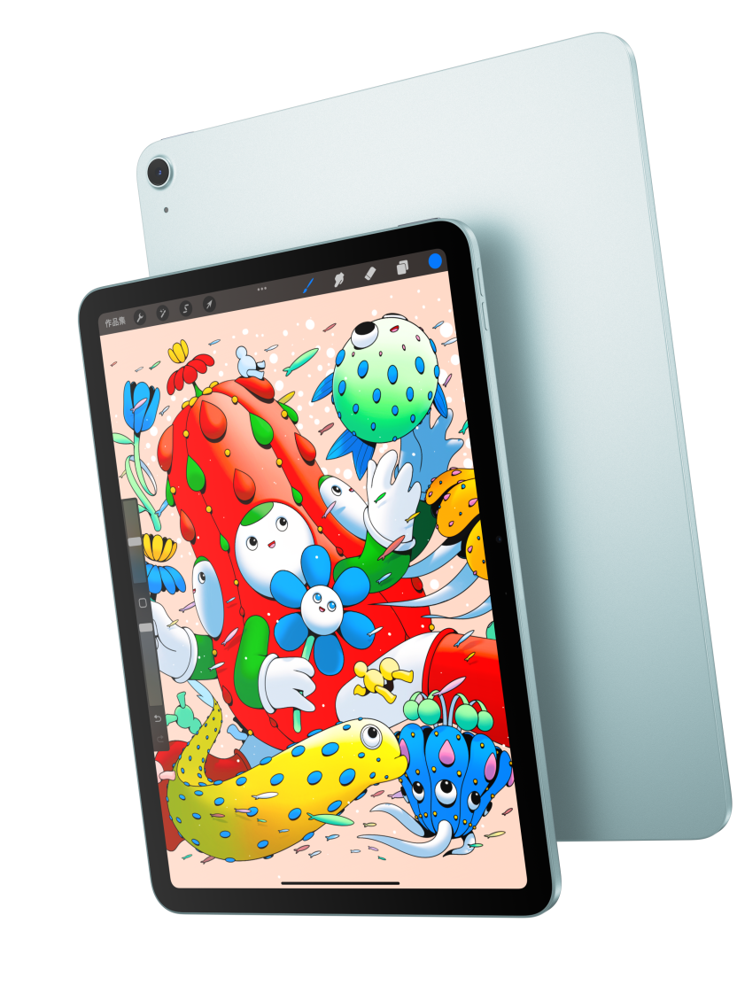 11 吋 iPad Air 的機身正面，螢幕顯示 Procreate app，背後重疊擺放的另一部藍色 iPad Air 則露出機身背面