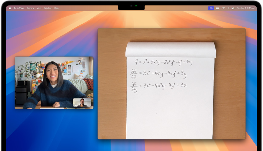 展示使用桌上視角功能的視訊通話，此功能可在視訊通話時，分享使用者的工作空間畫面