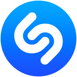 Blue and white circular Shazam logo with concentric circles radiating outward from logo