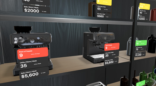 Une projection 3D d’étagères dans un magasin avec une variété de produits et des fiches superposées d’informations sur les stocks