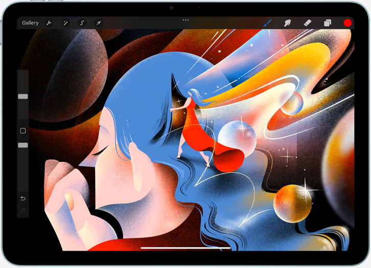 iPad Air, landscape orientation, screen displays an illustration in the Procreate app