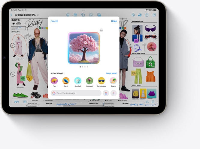 iPad&nbsp;mini يعرض Image&nbsp;Playground، وهي ميزة جديدة في Apple&nbsp;Intelligence تُستخدم مع تطبيق المساحة الحرة.
