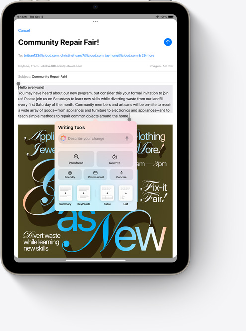 iPad&nbsp;mini يعرض أدوات الكتابة في تطبيق البريد، وهي ميزة جديدة فيApple&nbsp;Intelligence.‏