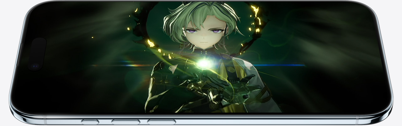 iPhone Air، الجزء الأمامي الخارجي، الجزء الجانبي الخارجي، يعرض صورة ثابتة من لعبة، الأزرار هي زر الإجراءات وزرّا ضبط مستوى الصوت