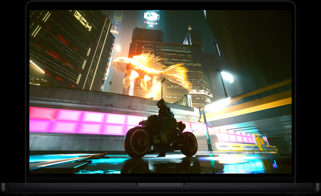 Bildschirm eines MacBook Pro mit dem Videospiel Cyberpunk 2077: Ultimate
