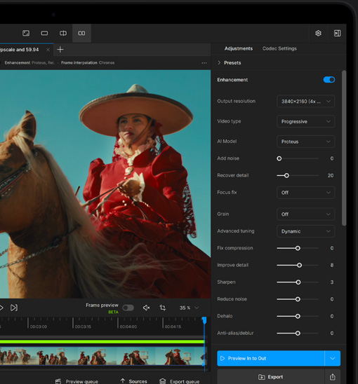Ein MacBook Pro Display zeigt ein Video, das mit KI in Topaz Video verbessert wird