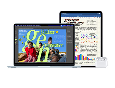 MacBook Pro, AirPods und iPad nebeneinander