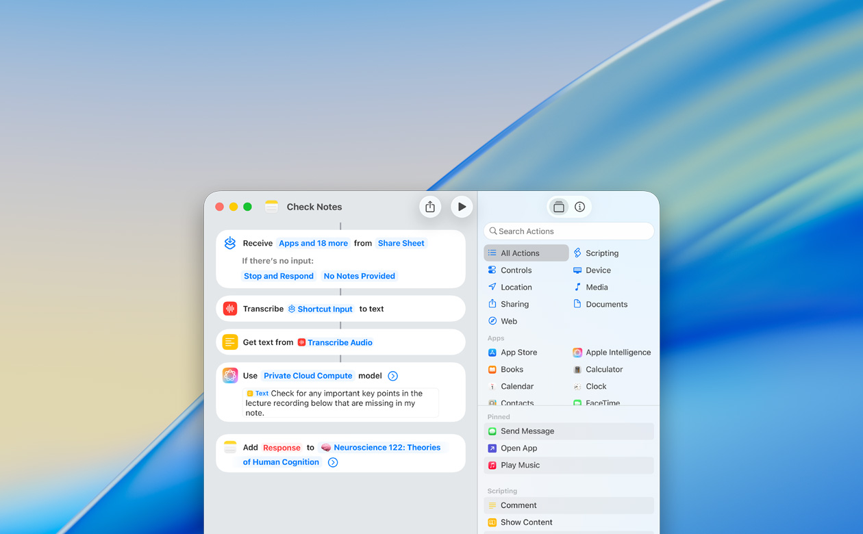 Nahaufnahme der Erstellung eines Kurzbefehls mit der Aktion „Modell verwenden“ in der Notizen App