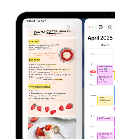 Un iPad, orientation paysage, la partie supérieure gauche de l’écran affiche les apps Notes et Calendrier, disposées côte à côte pour illustrer les fenêtres en mosaïque
