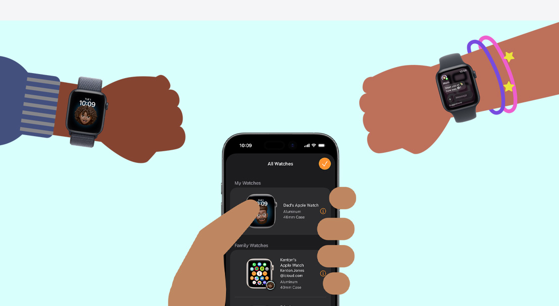 Illustration of two childrens' wrists wearing Apple Watch SE 3, adult hand holding an iPhone 17
